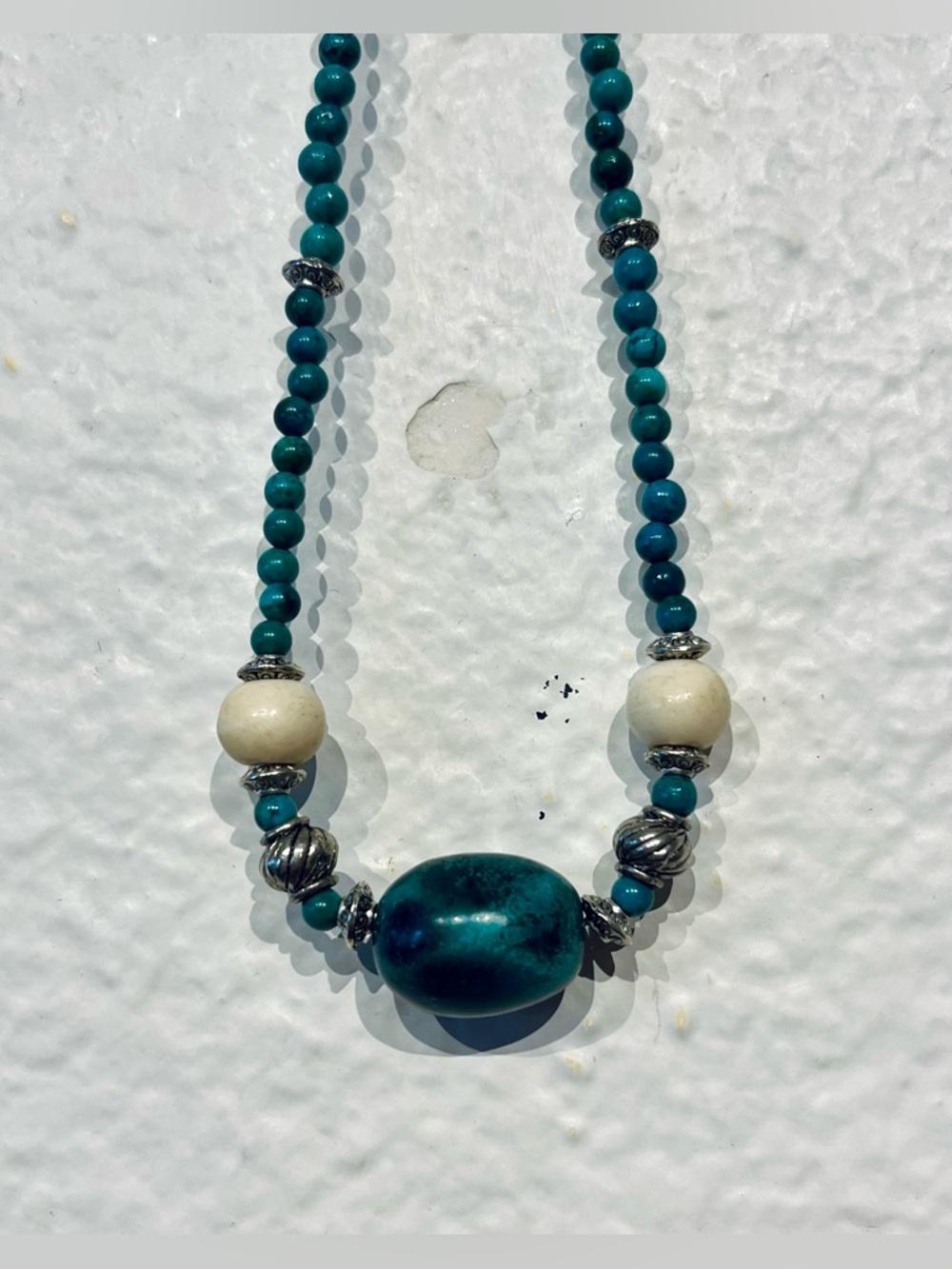 Vintage 925 Sterling Silver and Tourquoise Beaded Necklace with Ivory Accents
